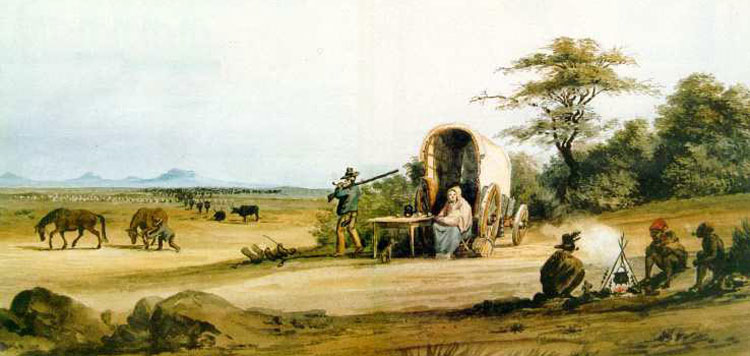 Nederlandse kolonisten trekken in de 17e en 18e eeuw het land in. © Charles Davidson Bell